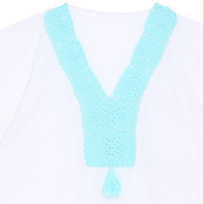 Pareo Yaka Ve Kenar İşlemeli Beyaz Pareo Turkuaz İşlemeli Dantelli Pamuk Kumaş Püsküllü Stnd. Beden Beyaz Turkuaz Kadın - 2