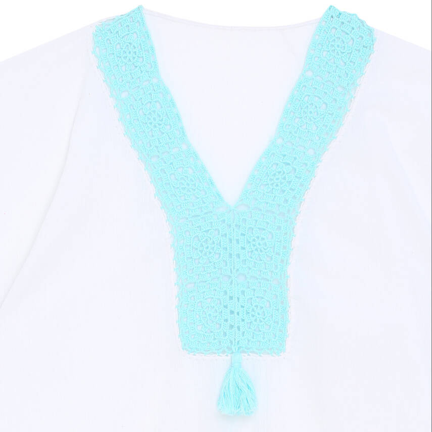 Pareo Yaka Ve Kenar İşlemeli Beyaz Pareo Turkuaz İşlemeli Dantelli Pamuk Kumaş Püsküllü Stnd. Beden Beyaz Turkuaz Kadın - 2