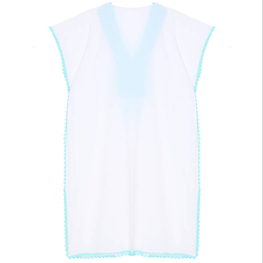 Pareo Yaka Ve Kenar İşlemeli Beyaz Pareo Turkuaz İşlemeli Dantelli Pamuk Kumaş Püsküllü Stnd. Beden Beyaz Turkuaz Kadın - 3