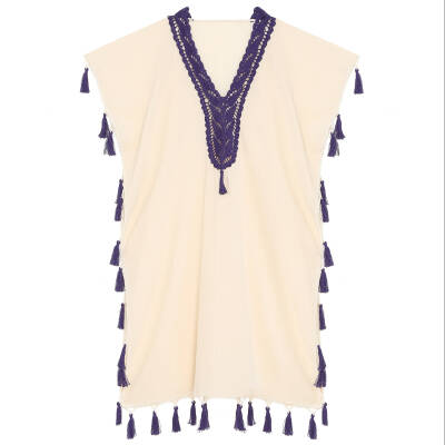 Pareo Yaka Ve Kenar İşlemeli Ekru Pareo Mor Püskül Ve İşlemeli Dantelli Pamuk Kumaş Püsküllü Stnd. Beden Ekru Mor Kadın