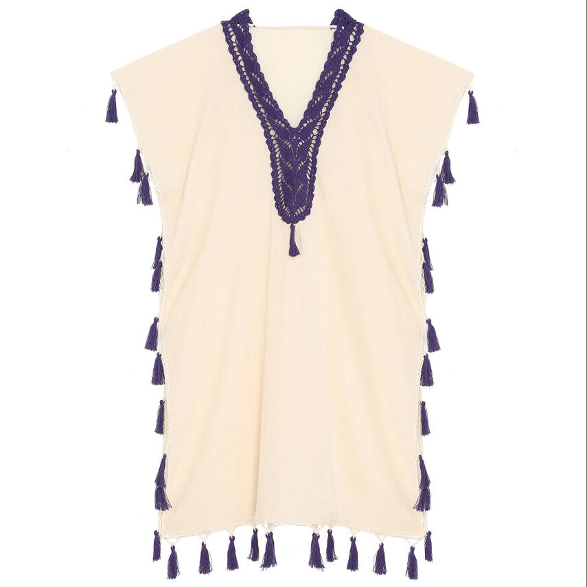 Pareo Yaka Ve Kenar İşlemeli Ekru Pareo Mor Püskül Ve İşlemeli Dantelli Pamuk Kumaş Püsküllü Stnd. Beden Ekru Mor Kadın - 1