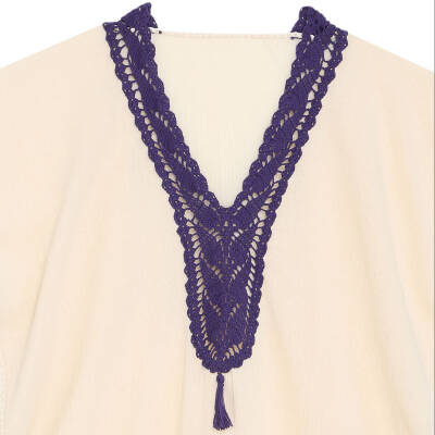 Pareo Yaka Ve Kenar İşlemeli Ekru Pareo Mor Püskül Ve İşlemeli Dantelli Pamuk Kumaş Püsküllü Stnd. Beden Ekru Mor Kadın - 2