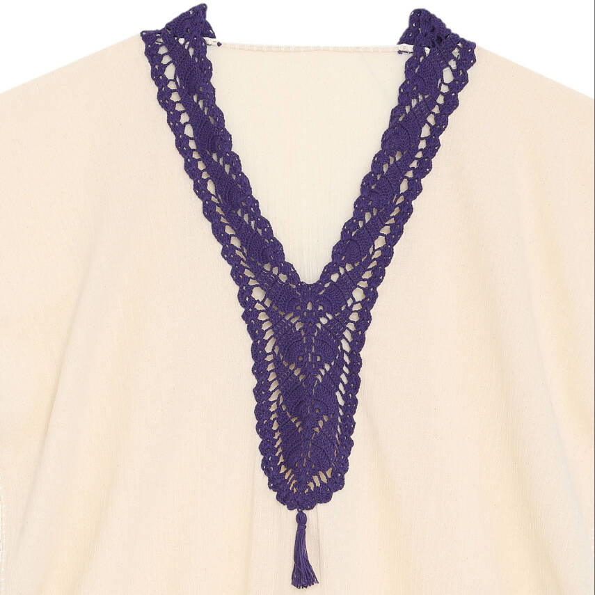 Pareo Yaka Ve Kenar İşlemeli Ekru Pareo Mor Püskül Ve İşlemeli Dantelli Pamuk Kumaş Püsküllü Stnd. Beden Ekru Mor Kadın - 2