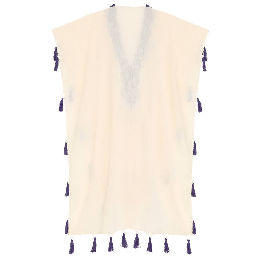 Pareo Yaka Ve Kenar İşlemeli Ekru Pareo Mor Püskül Ve İşlemeli Dantelli Pamuk Kumaş Püsküllü Stnd. Beden Ekru Mor Kadın - 3