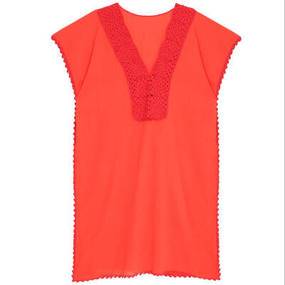 Pareo Yaka Ve Kenar İşlemeli Kırmızı Pareo Dantelli Pamuk Kumaş Püsküllü Stnd. Beden Kırmızı Kadın