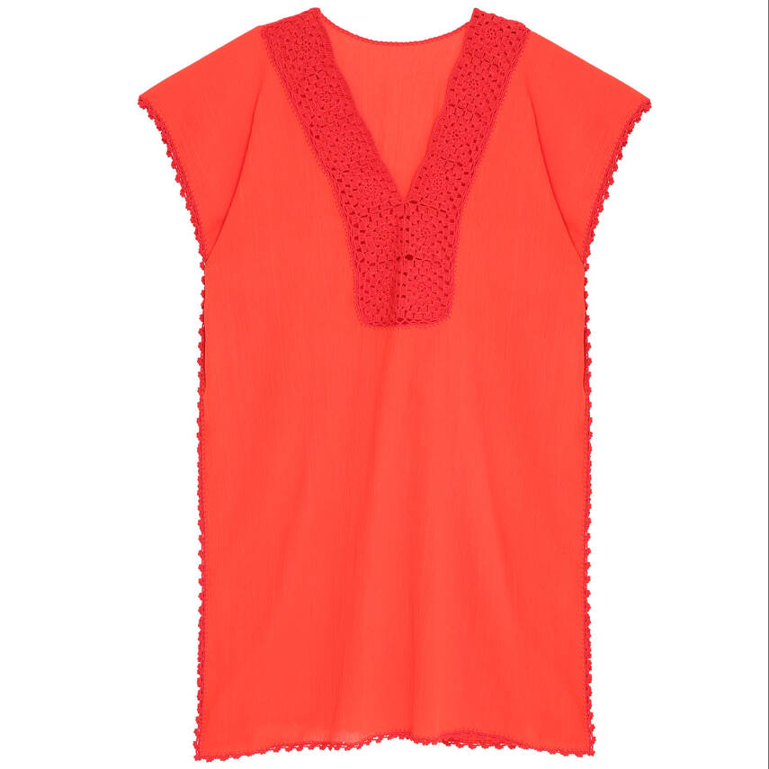 Pareo Yaka Ve Kenar İşlemeli Kırmızı Pareo Dantelli Pamuk Kumaş Püsküllü Stnd. Beden Kırmızı Kadın - 1