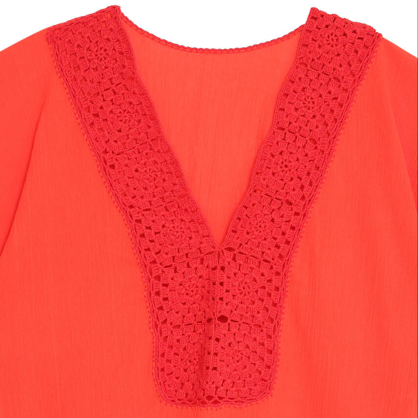 Pareo Yaka Ve Kenar İşlemeli Kırmızı Pareo Dantelli Pamuk Kumaş Püsküllü Stnd. Beden Kırmızı Kadın - 2