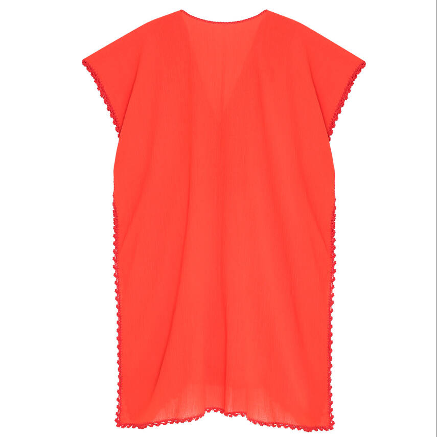 Pareo Yaka Ve Kenar İşlemeli Kırmızı Pareo Dantelli Pamuk Kumaş Püsküllü Stnd. Beden Kırmızı Kadın - 3