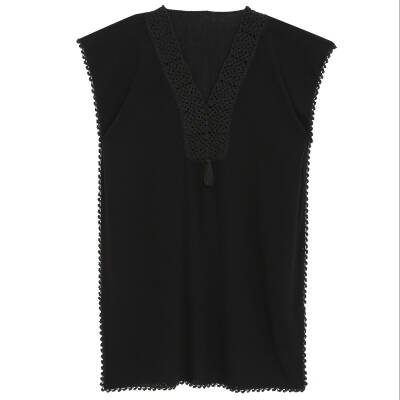 Pareo Yaka Ve Kenar İşlemeli Siyah Pareo Dantelli Pamuk Kumaş Püsküllü Stnd. Beden Siyah Kadın