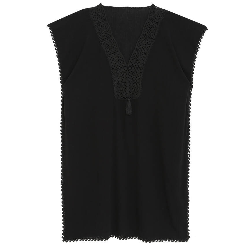 Pareo Yaka Ve Kenar İşlemeli Siyah Pareo Dantelli Pamuk Kumaş Püsküllü Stnd. Beden Siyah Kadın - 1