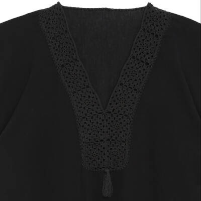 Pareo Yaka Ve Kenar İşlemeli Siyah Pareo Dantelli Pamuk Kumaş Püsküllü Stnd. Beden Siyah Kadın - 2