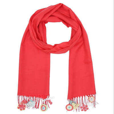 Şal Nazar Boncuk Oyalı Şal  165×70 Cm Kırmızı Kadın