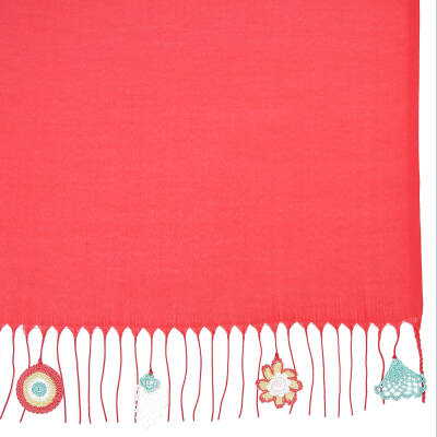 Şal Nazar Boncuk Oyalı Şal  165×70 Cm Kırmızı Kadın - 2