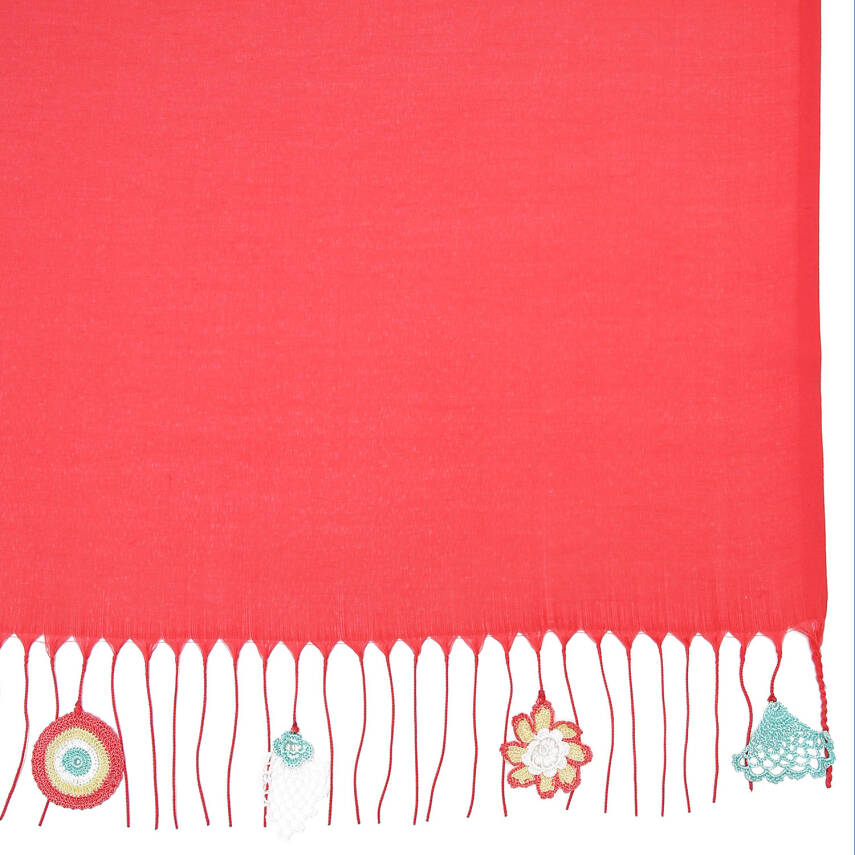 Şal Nazar Boncuk Oyalı Şal  165×70 Cm Kırmızı Kadın - 2