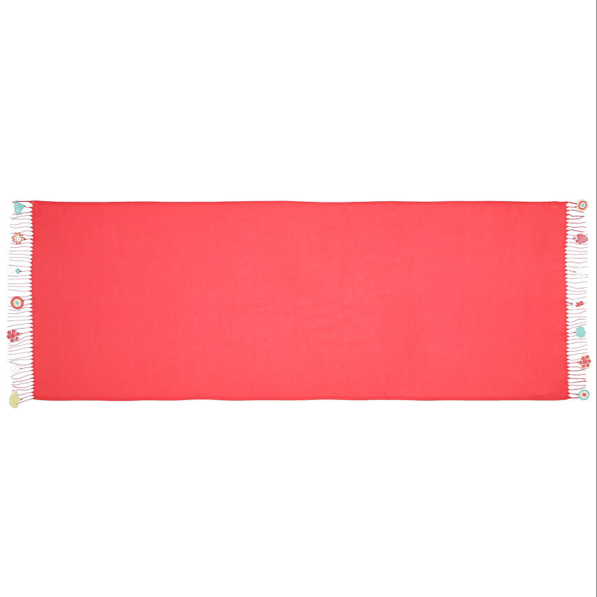 Şal Nazar Boncuk Oyalı Şal  165×70 Cm Kırmızı Kadın - 4